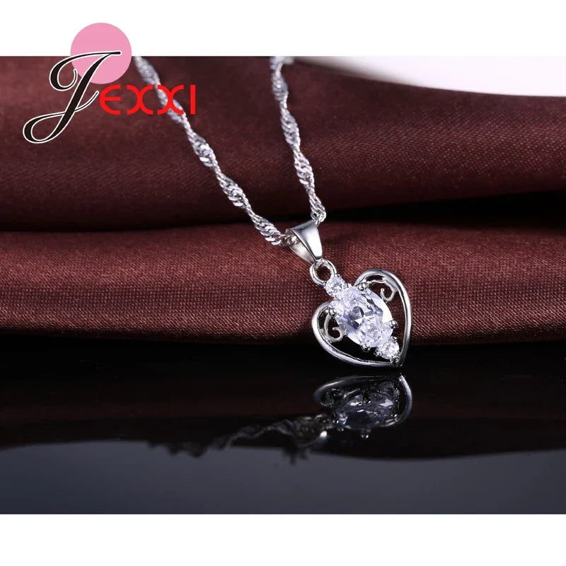 Hot Gift 925 Sterling Silver Jewelry Sets Embed CZ Heart Shape Pendant Necklace & Earring Set For Women Party