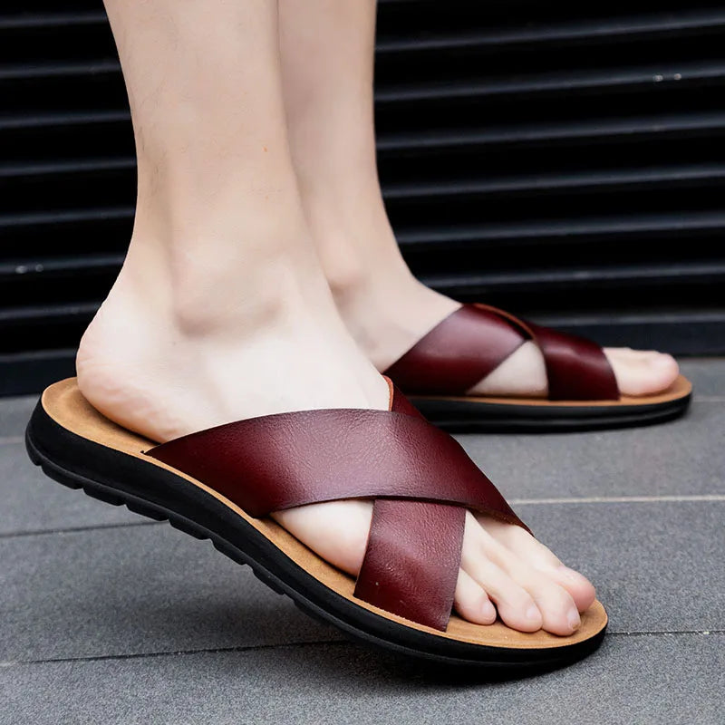 2023 Fashion Men Real Leather Slippers Summer New Black White/red/yellow Cross Over Slippers Men's Leisure Comfort Flat Sandals