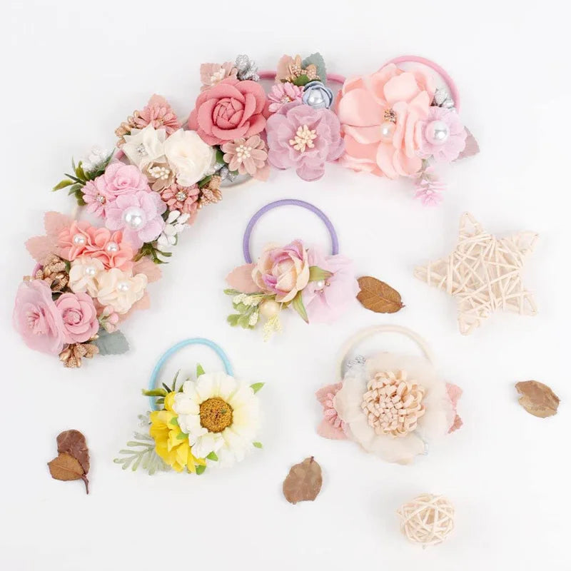 Elastic Flower Hair Bands for Girls Ponytail Holders Kids Floral Hair Tie Baby Pearls Hairband Headwear Rubber Hair Accessories