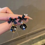 Load image into Gallery viewer, Fashion Black Bow Crystal Square Pendant Stud Earrings for Women Elegant Temperament Ladies Party Birthday Gifts High Jewelry
