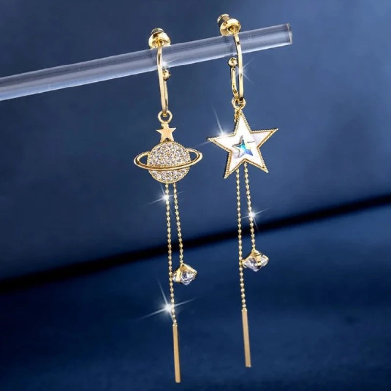 New Trend Star Earth Long Tassel Dangle Earrings For Women Planet Crystal Statement Pendant Earrings Wedding Party Jewelry