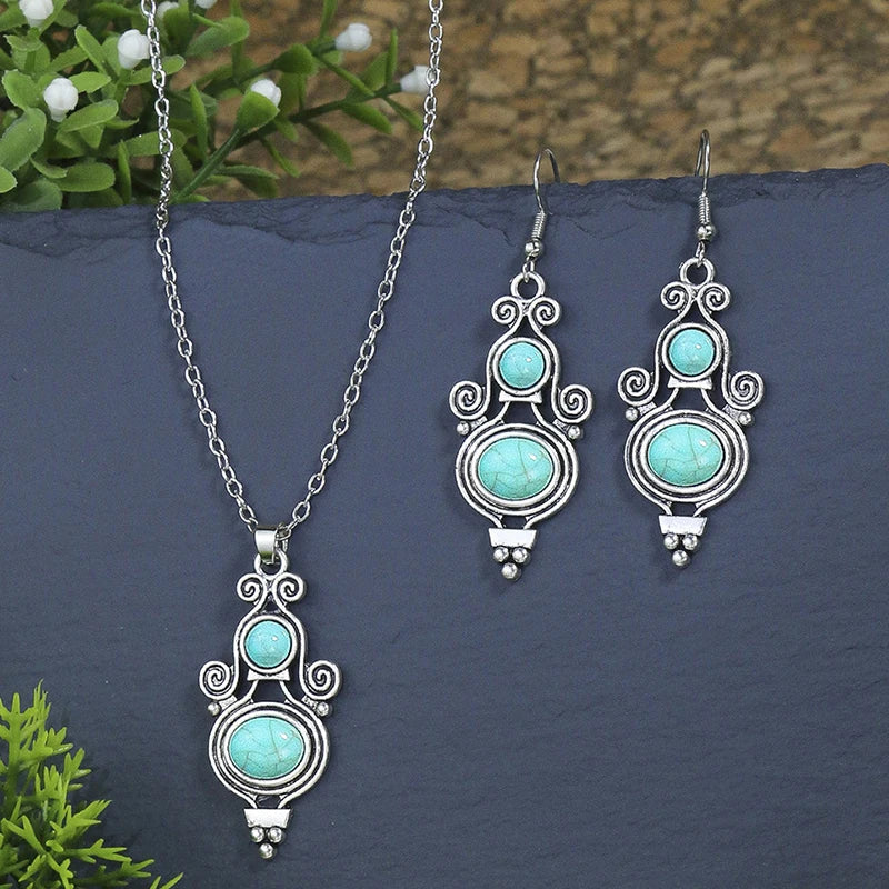 1Set Vintage National Imitation Turquoise Women's Earring Necklace Set Antique Silver Alloy Green Earring Necklace