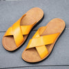 2023 Fashion Men Real Leather Slippers Summer New Black White/red/yellow Cross Over Slippers Men's Leisure Comfort Flat Sandals