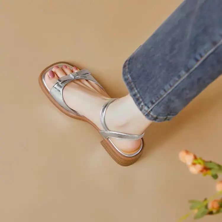 2024 Summer New PU Leather Women's Flat Sandals Casual Strap Open Toe Bow Women's Shoes Casual Sandals