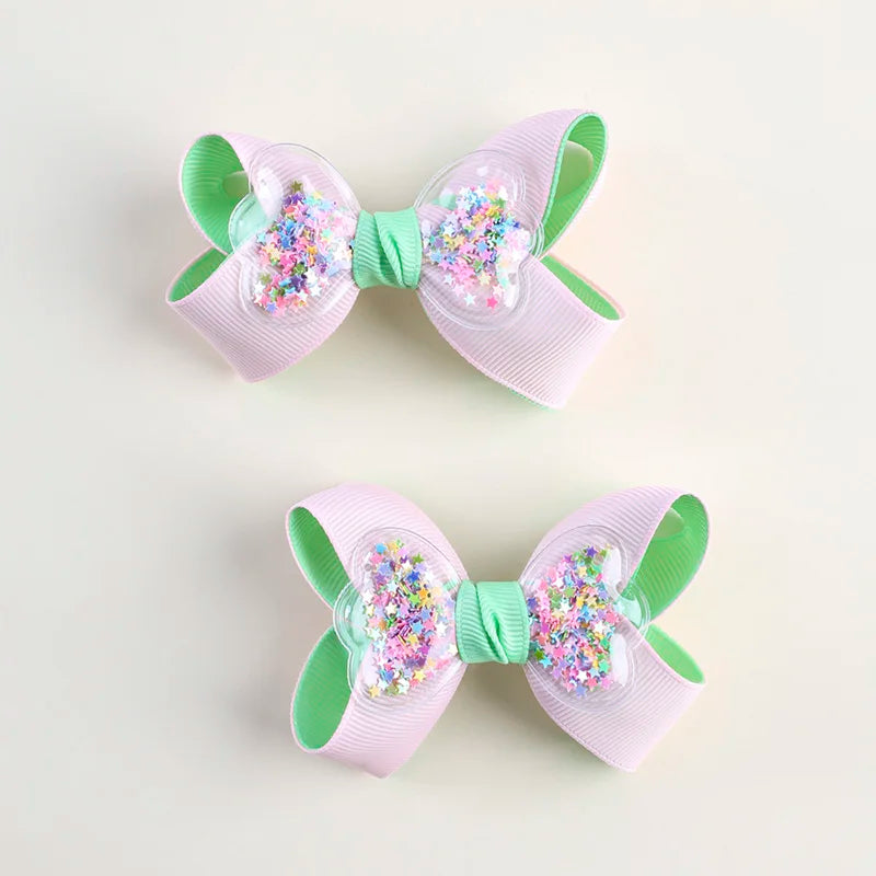 2Pcs Glitter Hairpin For Girls Boutique Ribbon Bowknot Hair Clips Kids Hair Accessories Handmade Sweet Barrettes Headwear