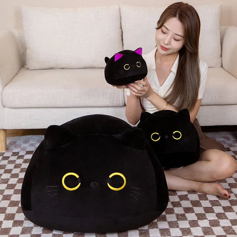 9/15/25CM Kawaii Small Cuddly Black Cat Plush Doll Cartoon Stuffed Round Ball Cat Plushie Girl's Bag Keychain Pendant Toys