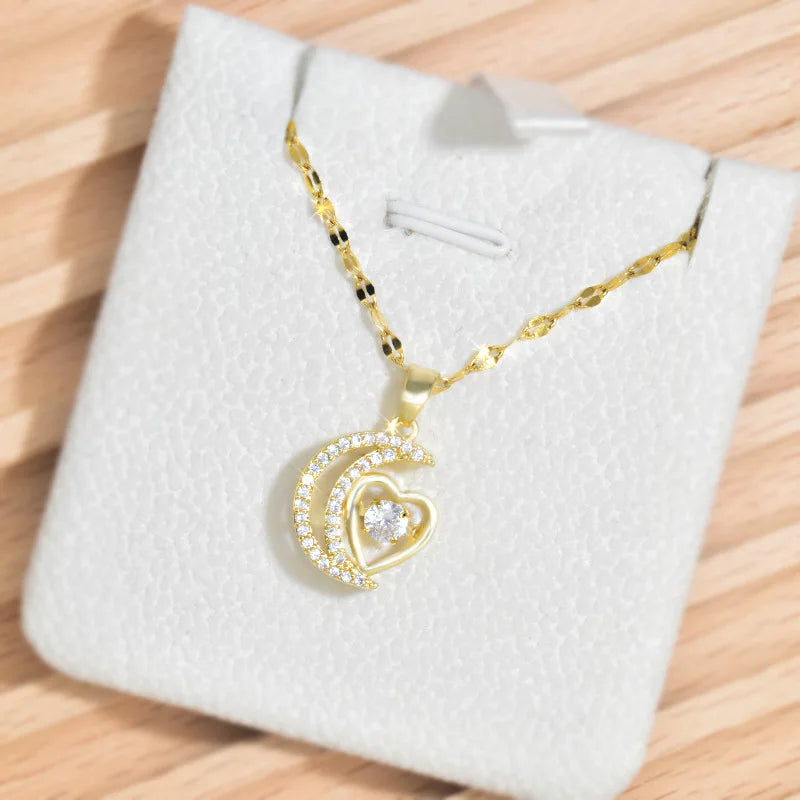 Titanium Steel Moon Heart Dynamic Micro-Set Golden Necklace Women's  Clavicle Chain Accessories