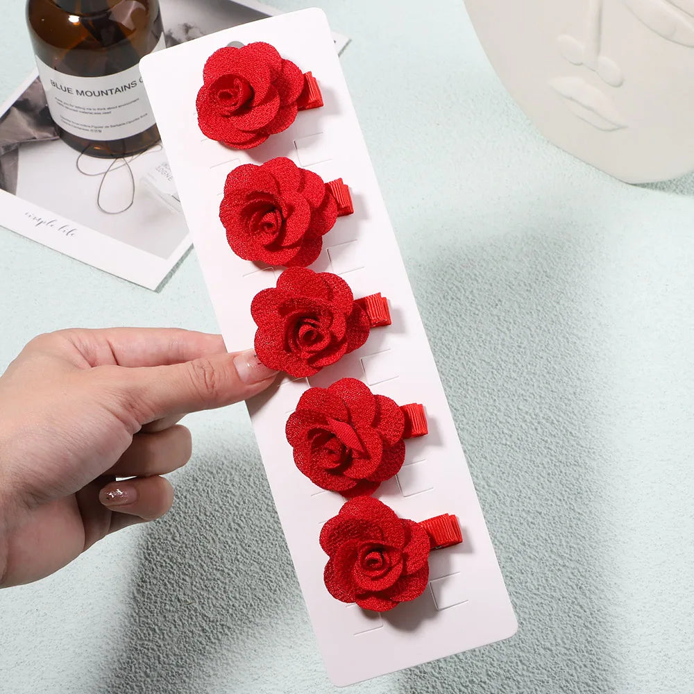 5Pcs/Set Solid Color Sweet Camellia Hair Clips For Kids Girls Flower Hairpins Covered Safety Clips Headwear Hair Accessories