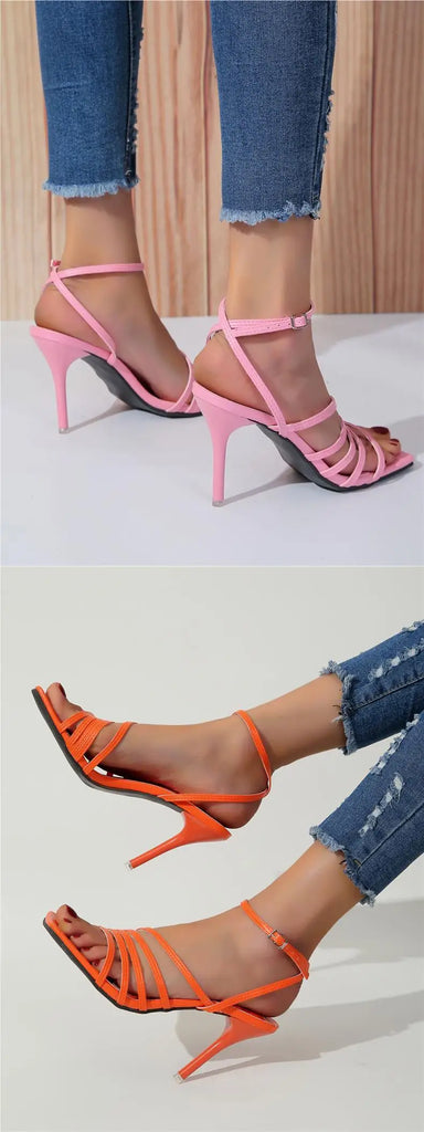 Women's Shoes Roman Style Square Toe Thin High Heel Sandals Pink Hollow Buckle Strap Sandales Femmes Casual Summer Footwear 2024