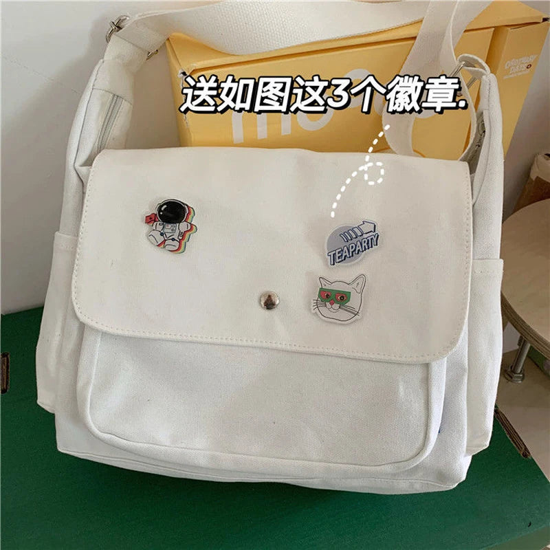 Canvas Handbags Japanese School Shoulder Harajuku Solid Color Leisure Large Capacity Messenger Male Female Tote Bag Women's Bags