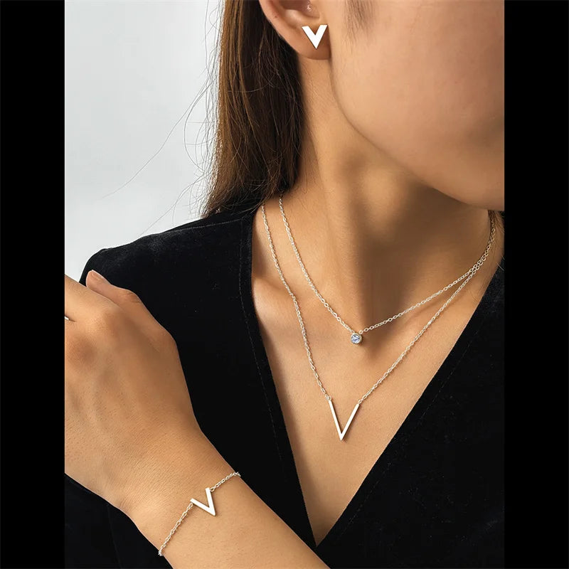 316L Fashion Sweet V-letter Pendant Necklace Bracelet Earrings Micro-inlaid Zircon Colorfast Hip-hop Jewelry Set