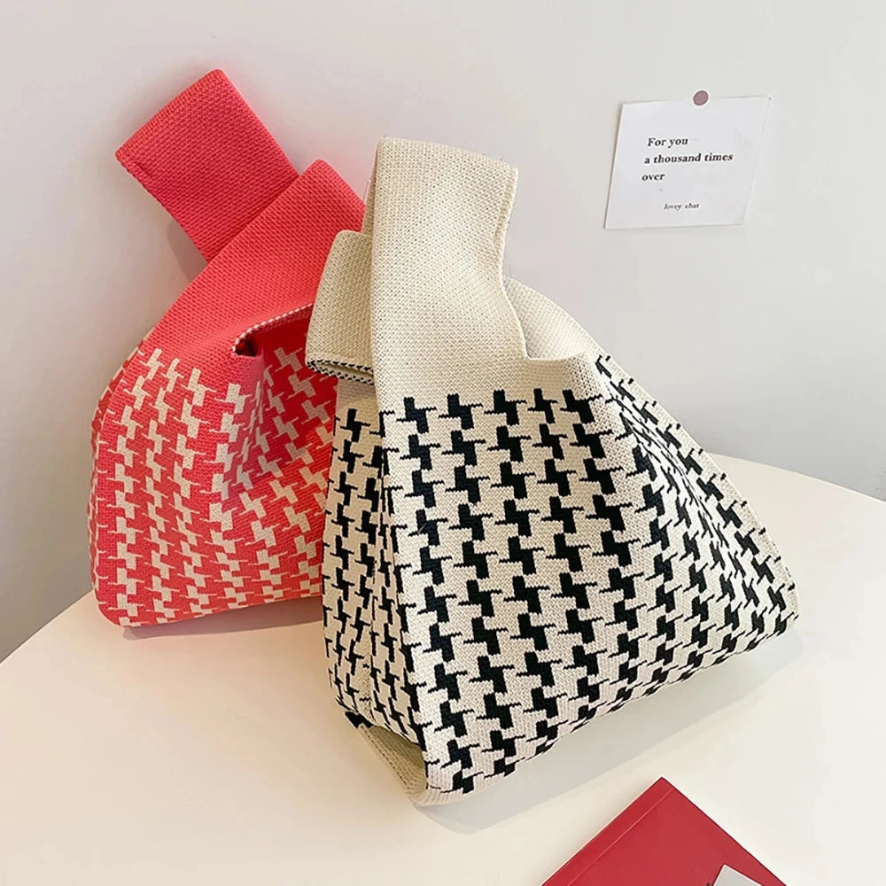 Handmade Knit Handbag Women Mini Knot Wrist-bag Female Casual Color Wide Stripe Plaid Tote Bag Student Reusable Shopping Bag