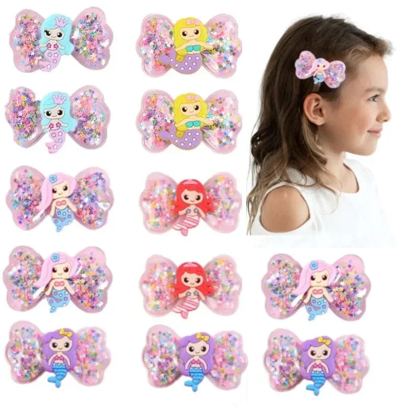 ncmama 2Pcs Lovely Mermaid Hair Clips For Baby Girls Quicksand Sequins Star Bows Hairpin Kids Headwear Boutique Hair Accessories