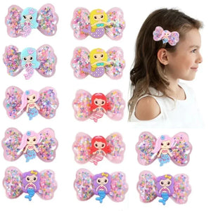 ncmama 2Pcs Lovely Mermaid Hair Clips For Baby Girls Quicksand Sequins Star Bows Hairpin Kids Headwear Boutique Hair Accessories