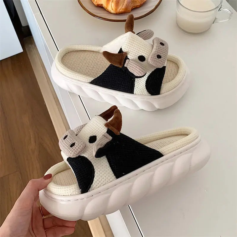 Four Seasons Indoor Home Sandals Cute Cartoon Frog Milk Cow House Slippers Personalized Couple Slides Women Linen Slippers