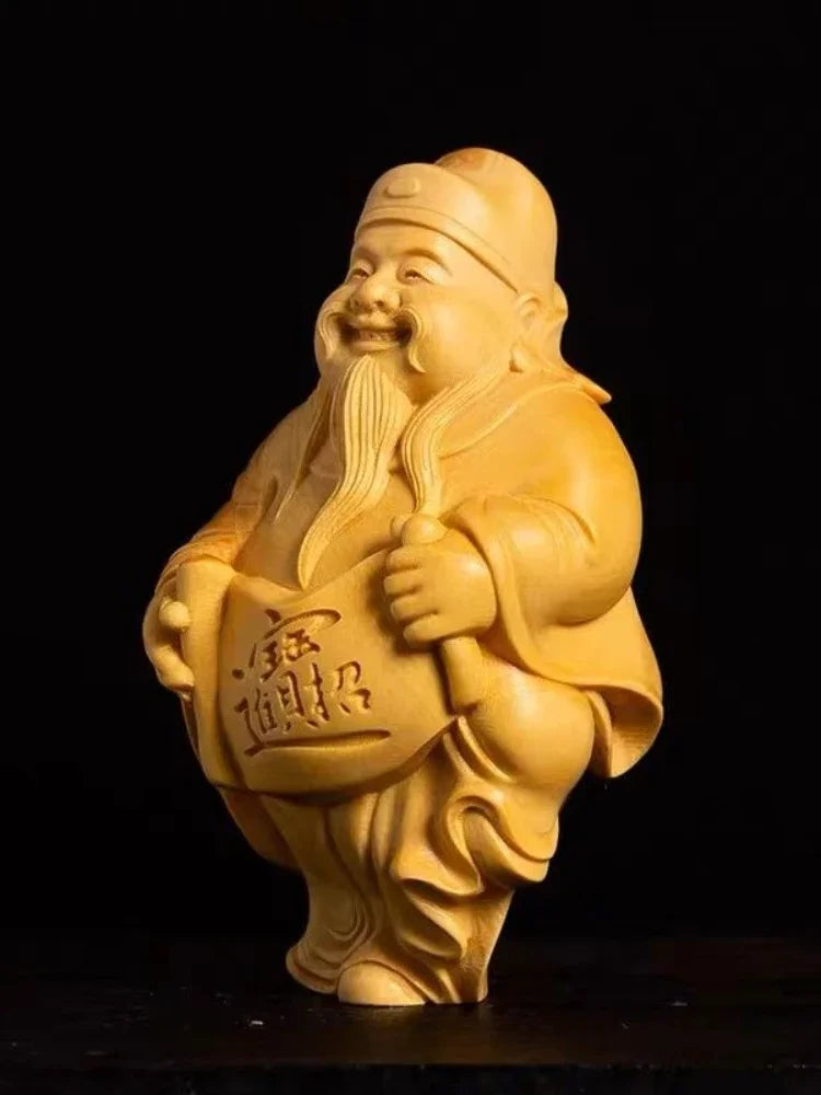 Boxwood Carved Originality【The God of Wealth】Bring Wealth and Lucky Home Decoration Office Accessories Car Ornaments Tea Pet