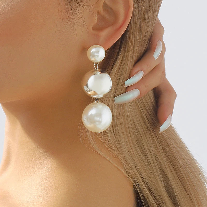 Korean Fashion Colored Pearl Ball Necklace for Women Exaggerated Tassel Hoop Earrings Hip Hop Street Clavicle Chain Jewelry Sets