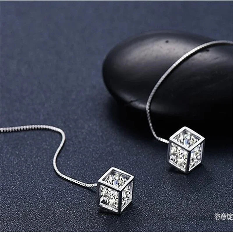 JewelryTop Elegant Fine 925 Sterling Silver Earrings Charms Cube Love Zirconia Sugar Drop  Chain Long Tassel