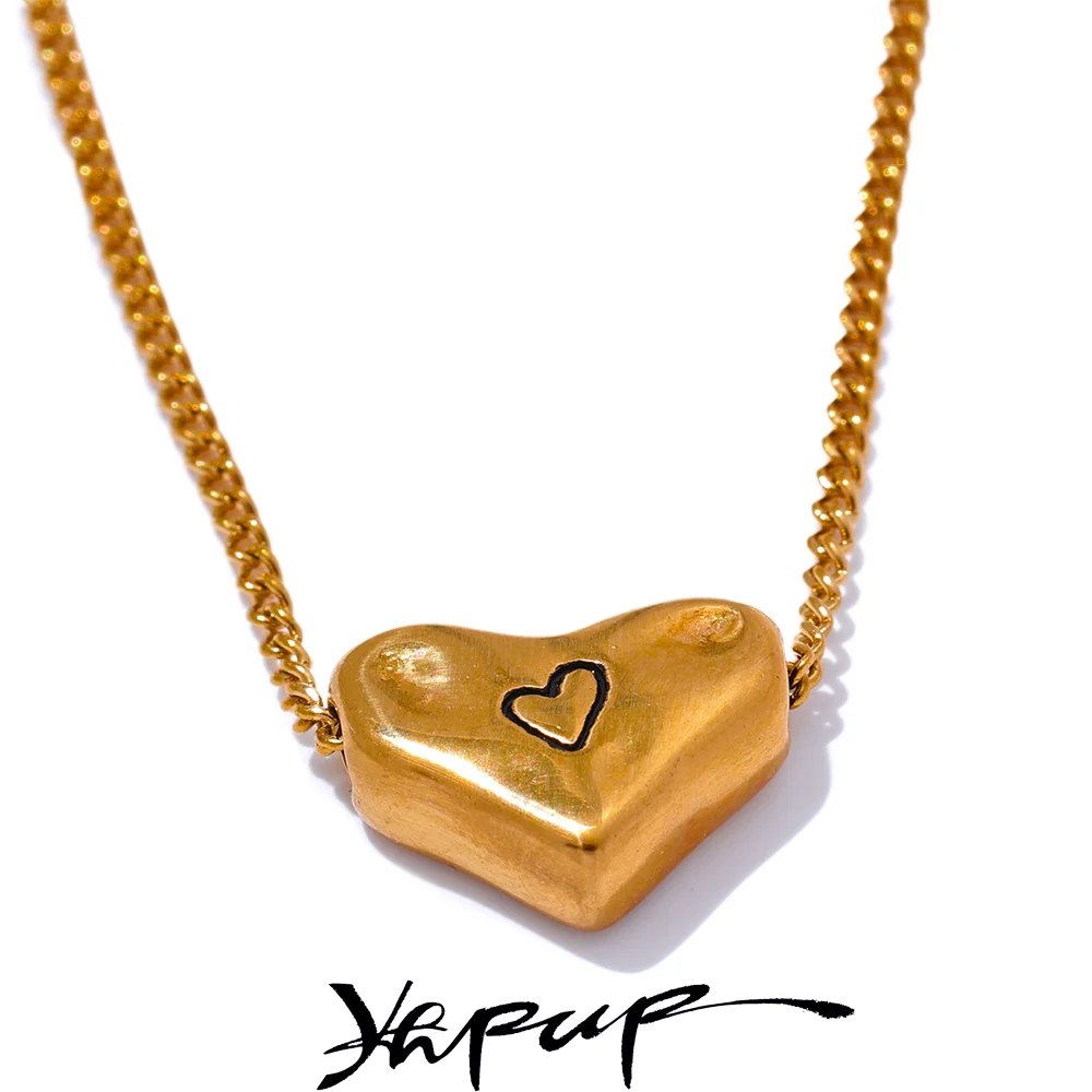 Yhpup Unique Chic Cast Heart Love Pendant Necklace 18K Gold PVD Plated Stain Less Stainless Steel Vintage France Jewelry 2024