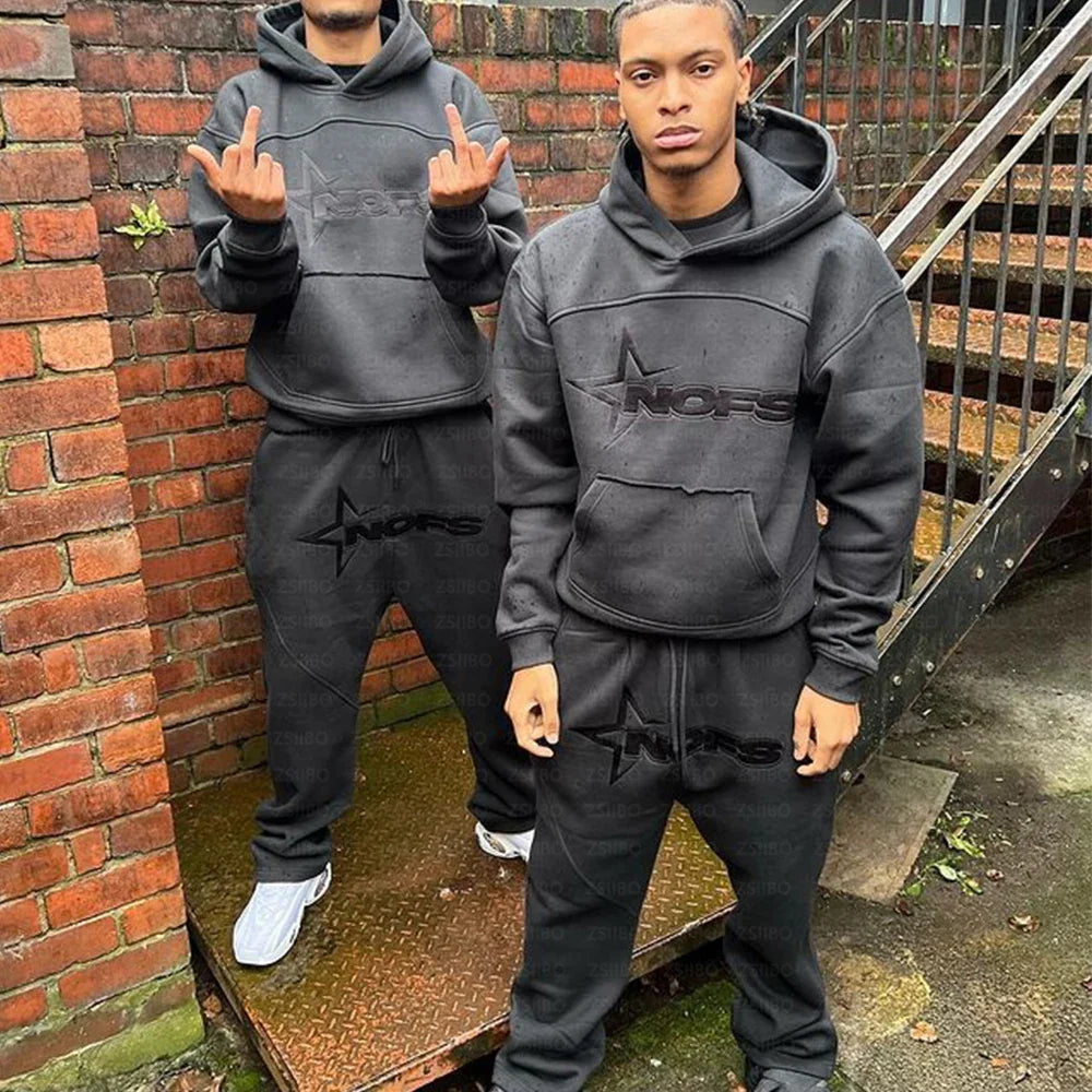 Harajuku Hoodies Men Y2k Hip Hop Leeter Graphic Print Hooded Sweatshirt Punk Rock Oversized Pullovers Baggy Sweatpants Suits