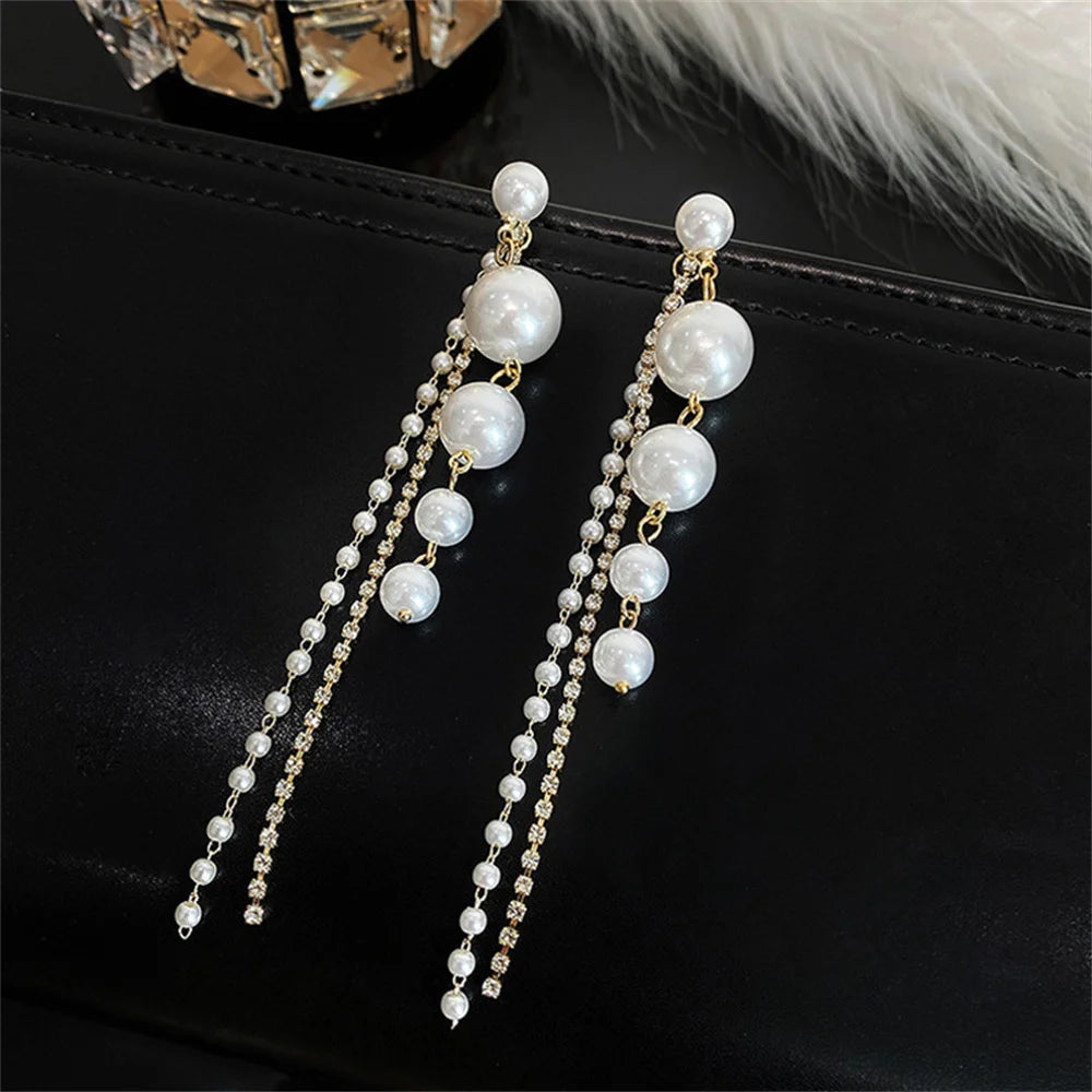 Korean Imitation Pearl Tassel Long Earring Personality Simple Temperament Stud Earrings for Women Party Jewelry Valentine's Gift