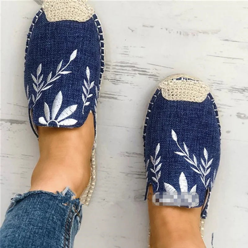 Comemore Slip on Casual Canvas Shoes Ladies Breathable Female Mules Comfort Outdoor Footwear Women Embroider Hemp Flat Slippers