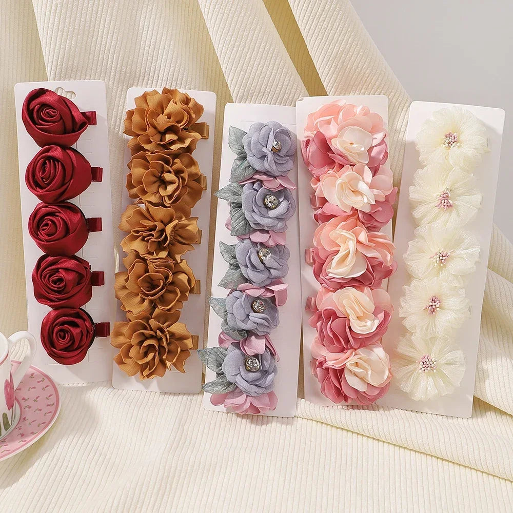 5/3Pcs Children Handmade Chiffon Petals Poppy Flower Hair Clips Rolled Rose Fabric Hair Flowers for Kids Girls Hair Accessories