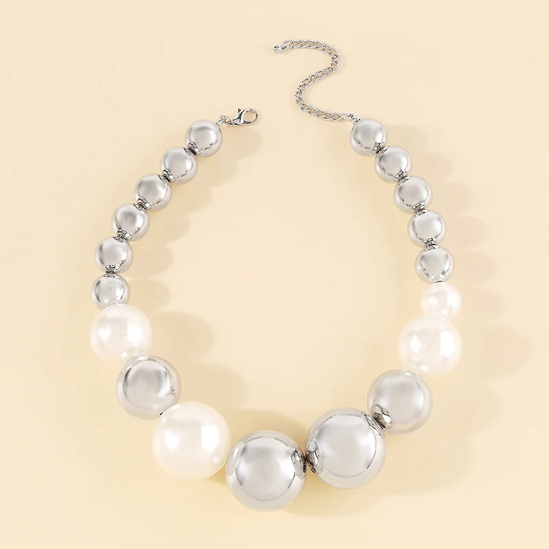 Korean Fashion Colored Pearl Ball Necklace for Women Exaggerated Tassel Hoop Earrings Hip Hop Street Clavicle Chain Jewelry Sets