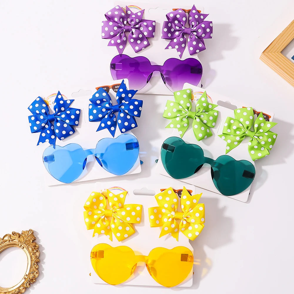3Pcs/Pack Solid Dot Hair Bows Clip Girls Boutique Bowknot Hair Clips Kids Colorful Heart Sun Glasses Children Hair Accessories