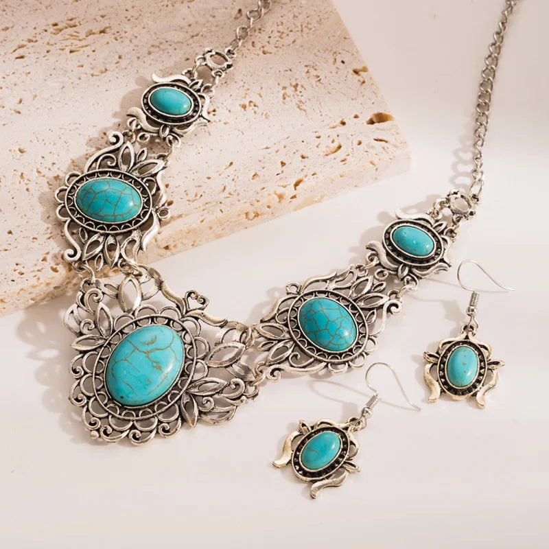 Bohemian Fashion Trends Necklace For Women Exaggeration Alloy Advanced Sense Temperament Vintage Turquoise Pattern Jewelry Set