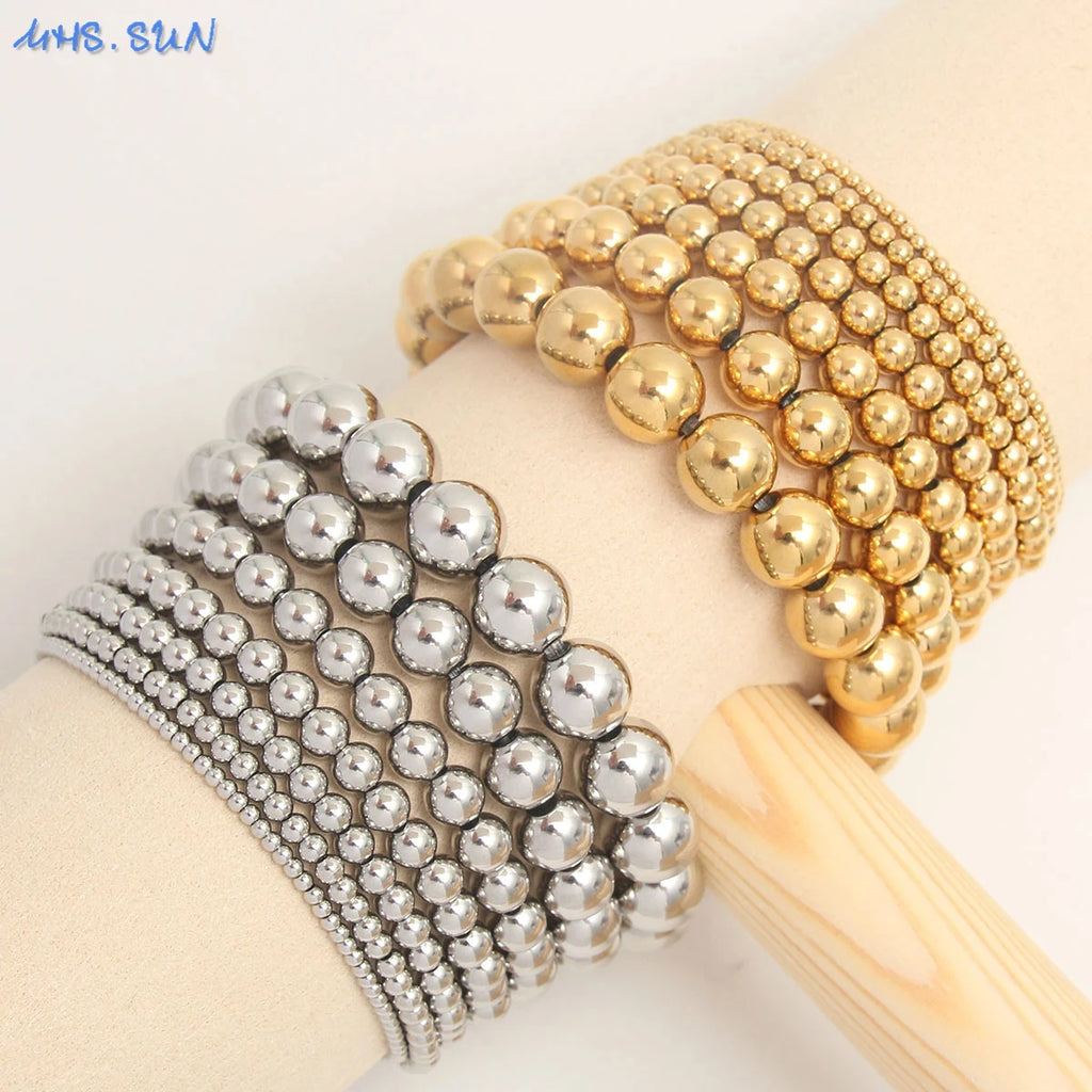 Silver Color Elastic Stainless Steel Bracelet Metal Ball 2/4/5/6/8/10mm Beaded Chain Bracelet For Women Men High Quality Jewelry