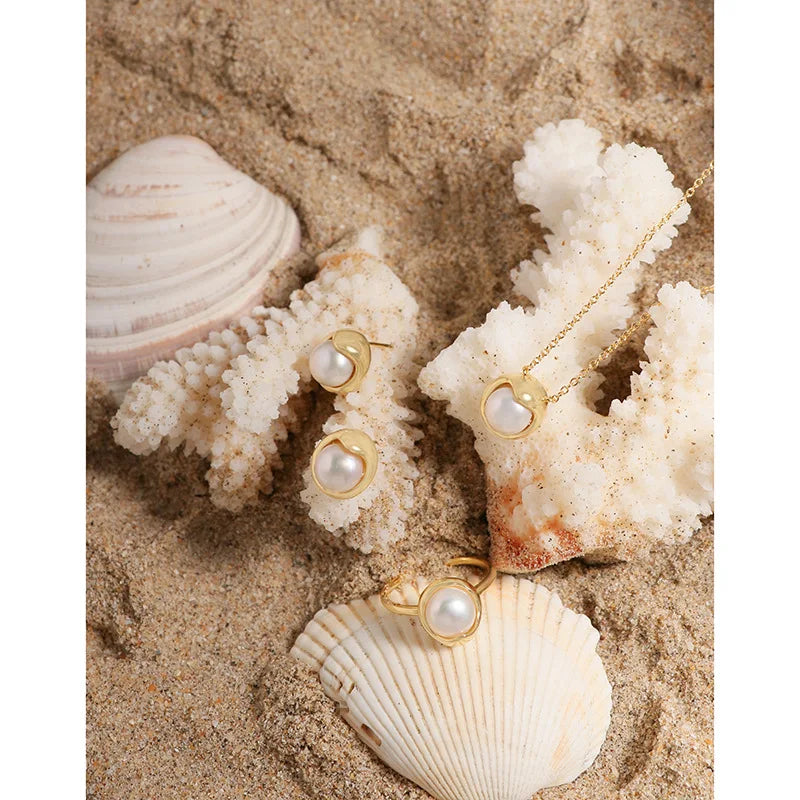 F.I.N.S Original Matching Flower Pearl S925 Sterling Silver Necklace Ring Earrings Texture Bud Silver Gold Wedding Fine Jewelry
