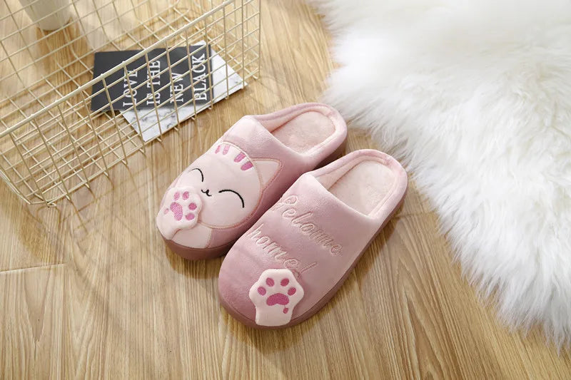 Couple Winter Home Slippers Indoor Bedroom Non-Slip Floor Slipper Women Shoes Cute Cartoon Cat Slippers Men Warm Plush Slides