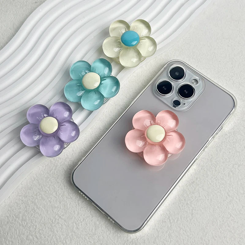 1pc Transparent Resin Candy-Colored Flower Phone Holder Foldable Desktop Stand Cute Floral Retractable Grip for Mobile Devices