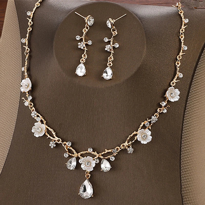 Fashion Flower Crystal Costume Jewelry Rhinestone Choker Necklace Earrings Set For Women Tiaras Crown Wedding Jewelry