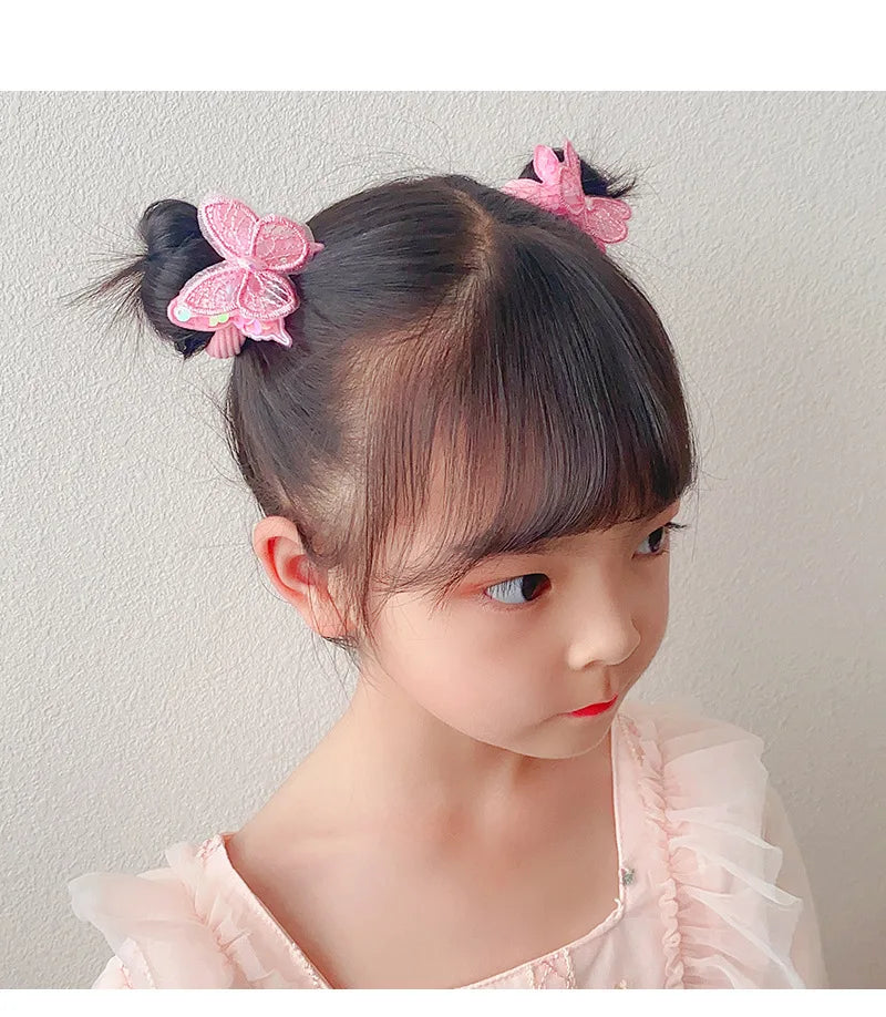 2PCS New Sequin Butterfly Girls Tie Up A Ponytail Kids Elastic Hair Bands Hair Accessories Cute Children Hair Ties Baby Headwear