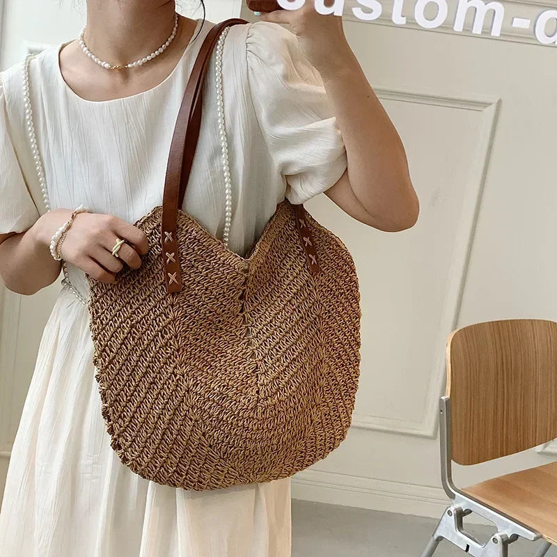 Summer Straw Bags for Women Straw Shoulder Bags Rattan Woven Top Handle Bag Hollow Raffia Crochet Beach Bag Casual Handbags 2023