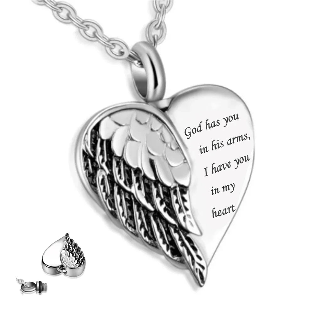 Stainless Steel Angel Wing Hold Heart Cremation Urn Necklace Keepsake Memroial Jewelry For Ash