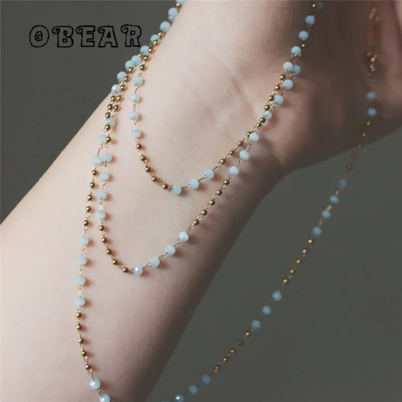 Light Blue Glass Handmade Bead Chain Necklace Women Stainless Steel Plated 18k Gold Creative Charm European Party Jewelry