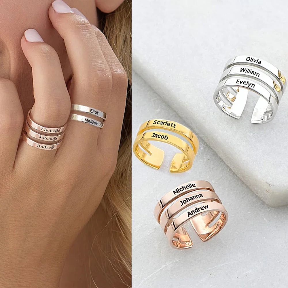 Custom Engraving Tow Three Names Ring for Women Men Gold Silver Color Stainless Steel Couple Rings Jewelry Rings Gift Wholesale