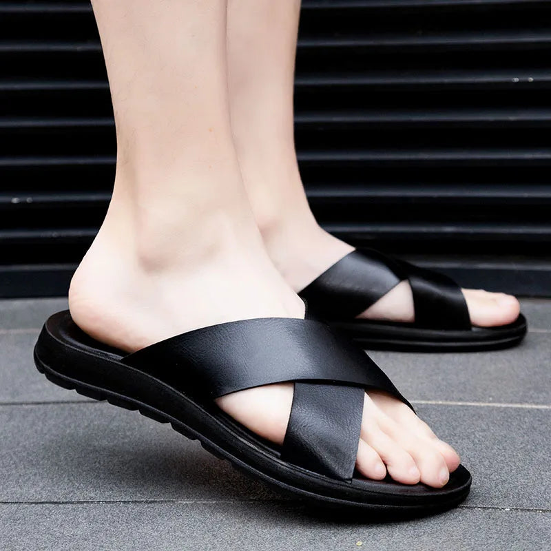 2023 Fashion Men Real Leather Slippers Summer New Black White/red/yellow Cross Over Slippers Men's Leisure Comfort Flat Sandals