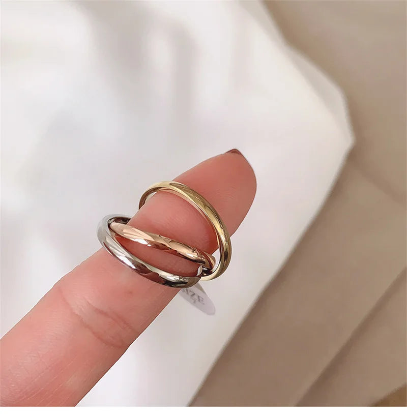 Interlocked Stackable Rings Classic Gold Color Triple Rolling Ring Three In One Sets Stainless Ste
