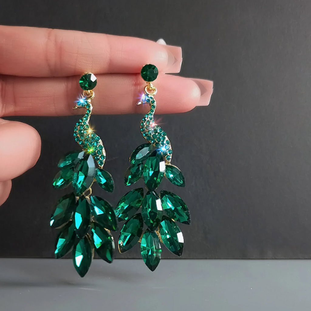 FYUAN Vintage Green Peacock Crystal Earrings for Women Long Tassel Earring Weddings Jewelry