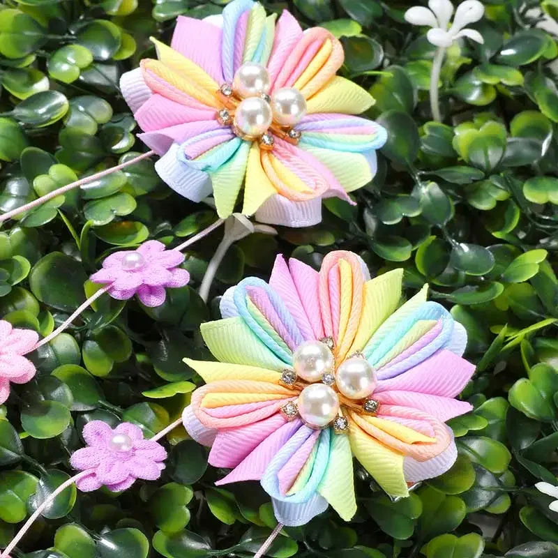 2Pcs Sweet Pearl Tassels Hairpins Kids Rhinestone Barrettes Ribbon Rose Flower Hair Clip Girls Headwear Party Hair Accessories