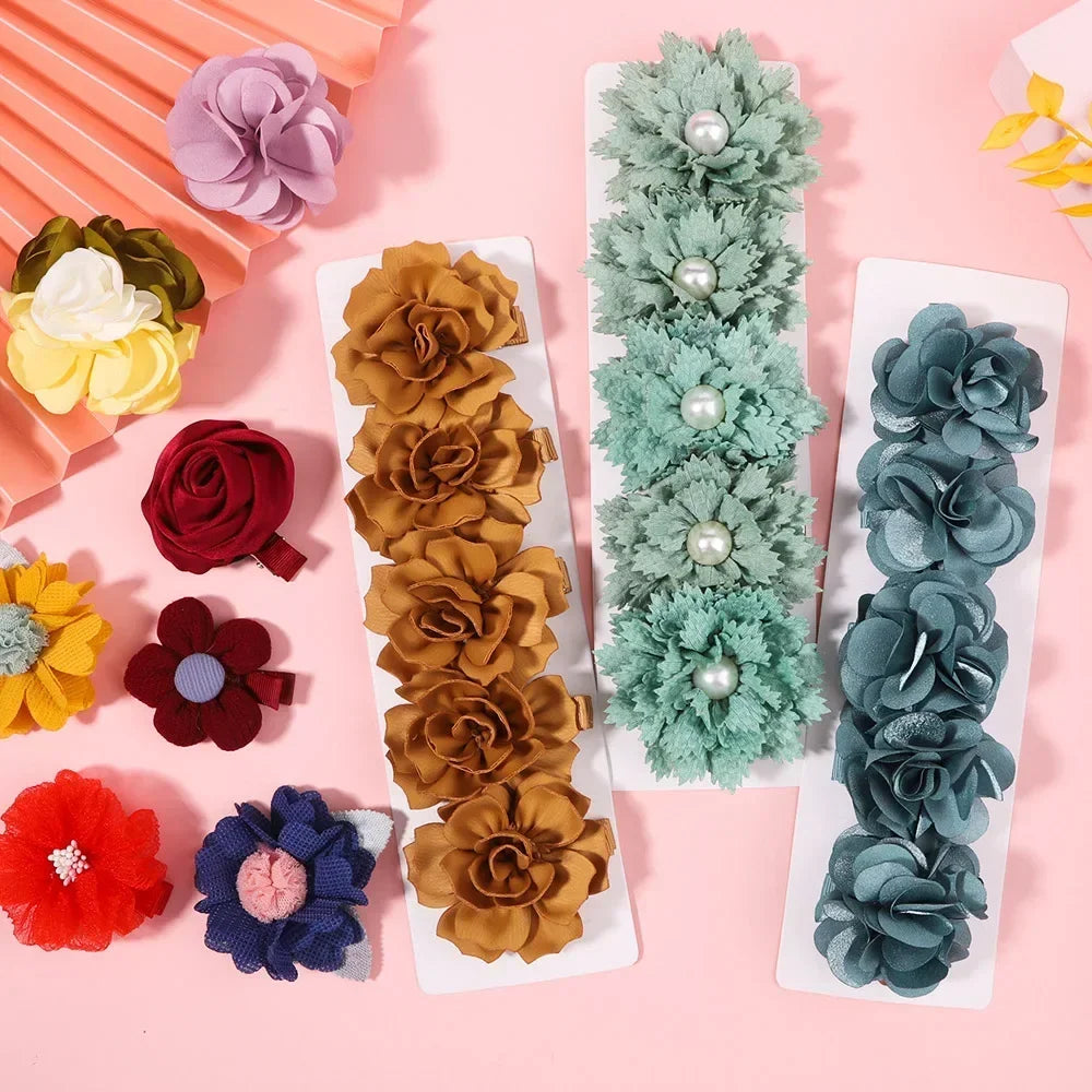 5/3Pcs Children Handmade Chiffon Petals Poppy Flower Hair Clips Rolled Rose Fabric Hair Flowers for Kids Girls Hair Accessories
