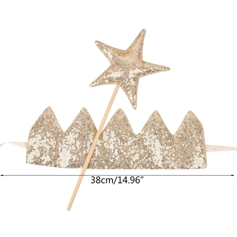 INS Sequins Baby Crown Headband with Star Fairy Stick Princess Girls Birthday Party Hairband Baby Photography Hair Accessories