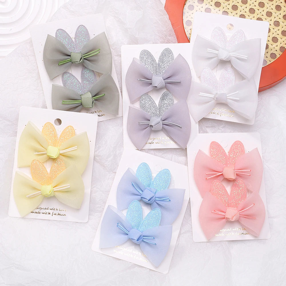 2pcs/set New Girls Kids Gauze Bow Hairpin Rabbit ears Hair Clips Princess Hair Accessories Baby Barrettes Wholesale