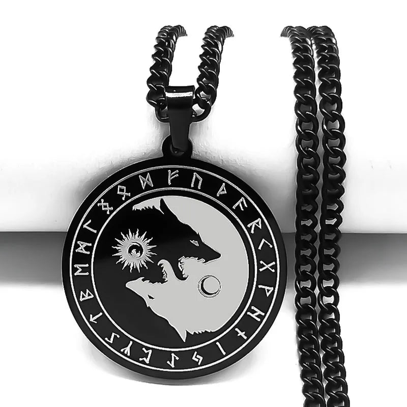 Viking Stainless Steel Divination Letter Yin and Yang Wolf Chain Necklaces Women/Men Black Color Necklace jewlery NXH284S03