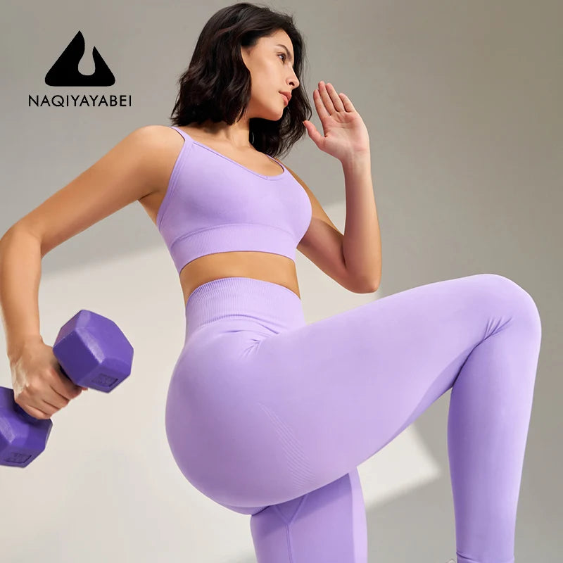 Ladies' gym yoga suits sexy sports bra and high-waisted breathable tights gym set