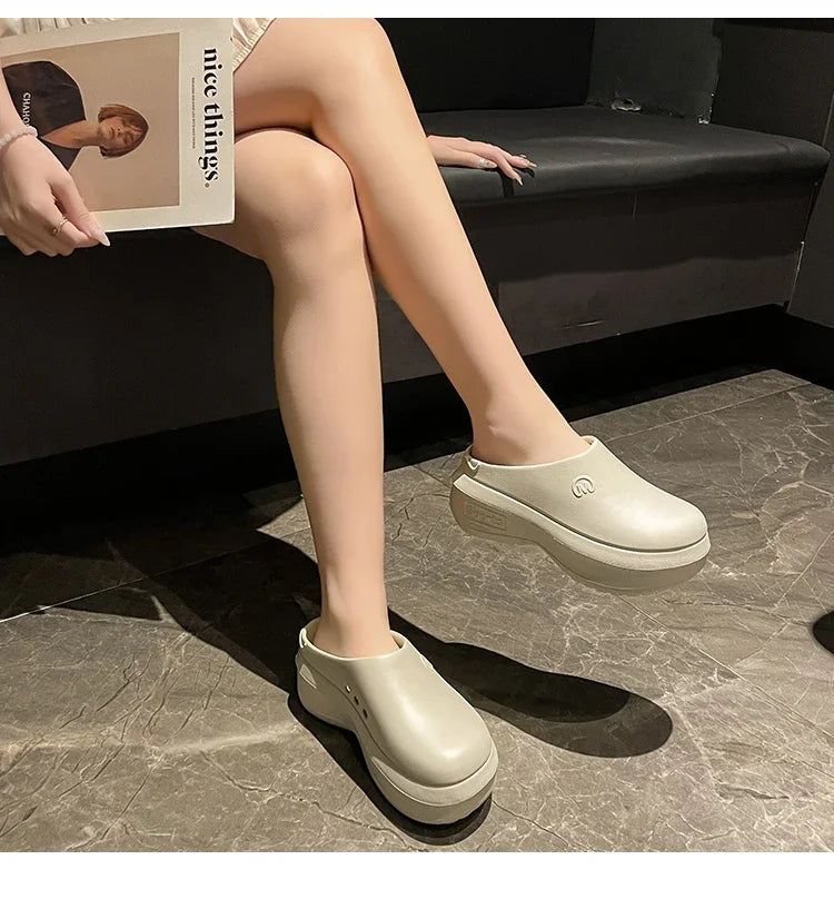 New Women's Hole Shoes Summer EVA Thick Sole Elevated Sandals Comfortable Anti Slip Baotou Beach Garden Shoes Indoor Slippers